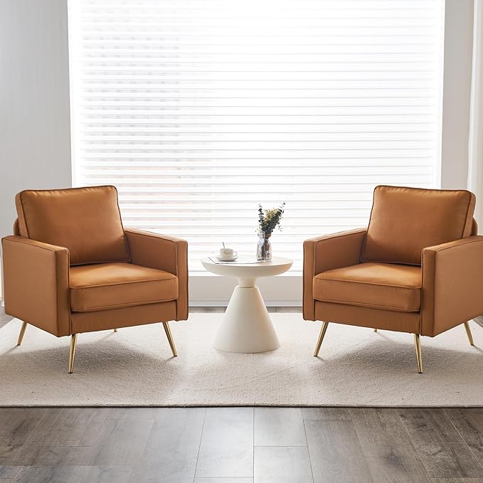 VINGLI PU Leather Accent Chair Brown Mid Century Modern Upholstered Sofa Chairs with Arms, Gold Legs for Living Room, Bedroom, Apartment