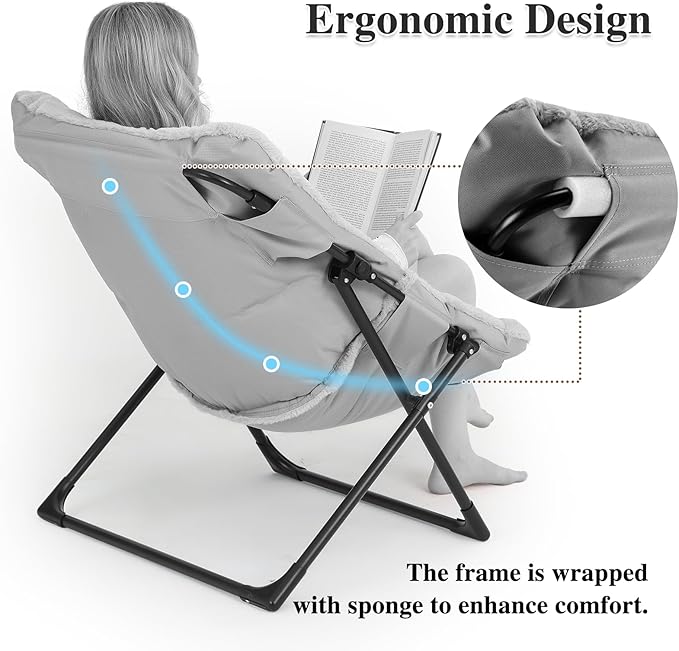 Comfy Saucer Chair for Adults, Soft Faux Fur Bedroom Chair with Ottoman, Accent Dorm Chairs, Living Room Reading Chairs and Footstool, Folding Seat for Teens, X-Large, Light Pink