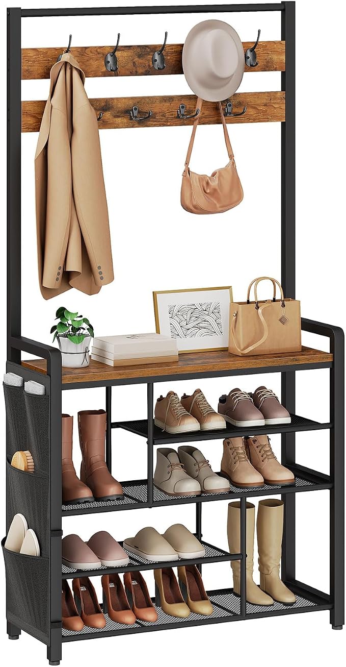 HOOBRO Hall Tree with Bench, Shoe Rack with Coat Rack, Coat Rack with Shoe Storage, 5 Tier Shoe Storage Organizer with Oxford Fabric Side Pockets, Coat and Shoe Rack Entryway, Rustic Brown BF45MT01 - Image 9