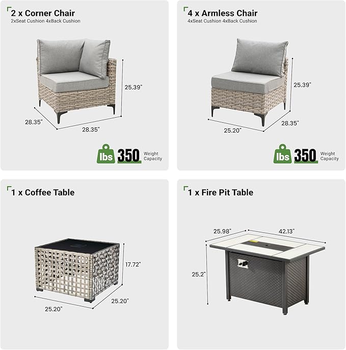 8 Pcs Patio Furniture with Fire Pit Table, Outdoor Rattan Wicker Conversation Set with Glowing Coffee Table, Comfy Sectional Sofa for Porch Balcony Backyard Pool, Grey