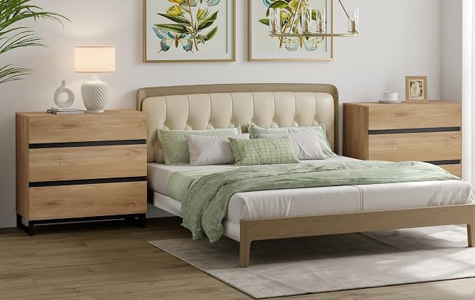 WAMPAT Nightstand with 3 Drawers for Bedroom, Modern Bedside Table with Black Square Metal Leg, Wood Rustic Side End Table, Oak, 2 Pcs - Image 9