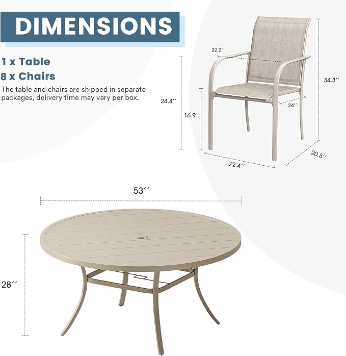 DIFY 9 Pieces Outdoor Patio Dining Set for 8, 53" Sandshell Round Metal Dining Table and 8 Sandshell Stackable Sling Dining Chairs, Outdoor Table and Chairs for Lawn Garden Backyard Deck - Image 8
