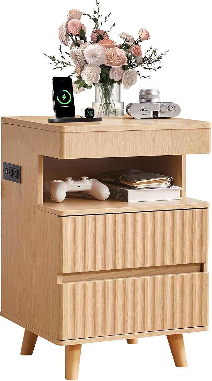 Eifizek Fluted Nightstand with LED Light & Charging Station, Modern Bed Side Table with 2 Storage Drawers & Open Shelf, Wooden End Table with Concealed Drawer for Bedroom, Living Room, Oak - Image 9