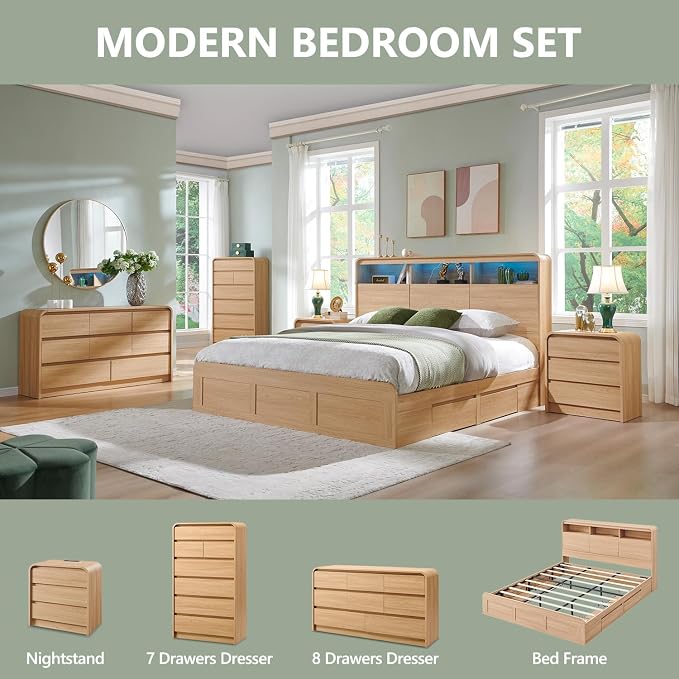 Aitjunz 25" Tall Modern Nightstand Set of 2, 23.6" Wide Wood Bedside Table with Charging Station, 3 Storage Drawers Side Table w/Curved Profile Design,End Table for Bedroom, Natural Oak - Image 7