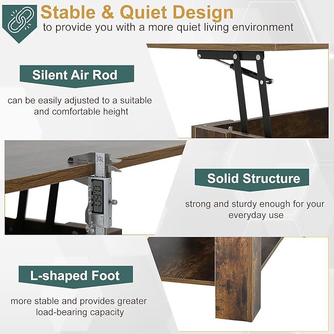 PayLessHere Coffee Table Lift Top Coffee Tables with Hidden Compartment and Storage Shelf Wooden Lift Tabletop Dining Table for Living Room Home (Brown, 39" D x 28" W x 24" H)