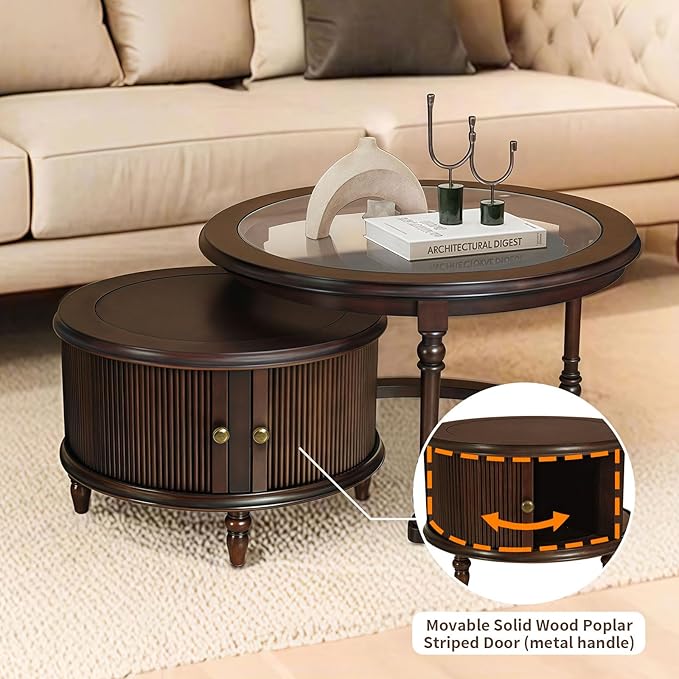 31.5'' Glass Top Round Coffee Table with Storage, Solid Wood and MDF Fluted Coffee Table Set of 2 for Living Room Office, Brown