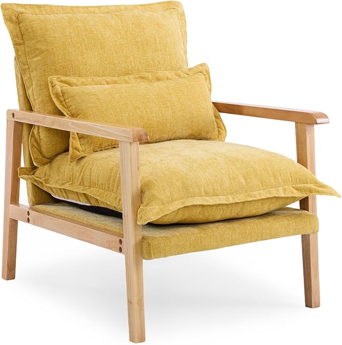 VINGLI Mid-Century Modern Cloud Accent Armchair with Lumbar Pillow, 6.3'' Thick Seat Cushion Comfortable Reading Chair with Wooden Armrests,Boho Lounge Chair for Bedroom, Living Room, Chenille, Yellow