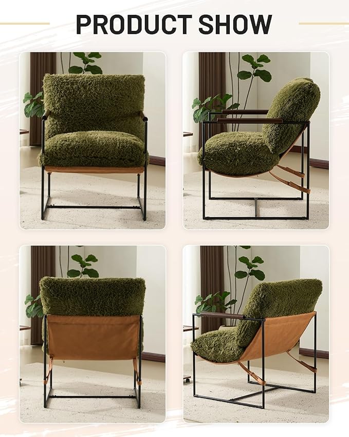 Karl home Modern Accent Chair Plush Fleece Upholstered Living Room Chair with Metal Frame Wooden Armrest Comfy Lounge Armchair for Living Room, Bedroom, Balcony, Reading Room, Green