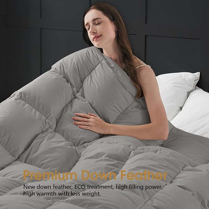 CYMULA Queen Size Feather Down Comforter - All Season Dark Grey Duvet Insert, Lightweight Box Stitched, Fluffy Breathable, Ultra Soft Quiet Hotel Style with 8 Tabs(90" x 90")