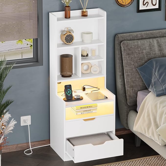 ADORNEVE Tall Nightstand Set of 2,LED Night Stand with Charging Station,Bedside Table with Bookshelf and Drawers,White Side Tables Bedroom,13.8" D x 17.7" W x 50" H - Image 8