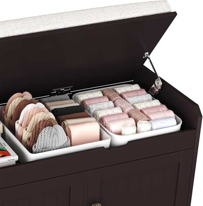 HOMEFORT 41.3" Shoe Bench with Lift Top Storage, Entryway Bench with Cushioned Seat, Wooden End of Bed Bench, Shoe Cabinet Bench with Hidden Storage Space, for Bedroom, Hallway,Espresso - Image 9