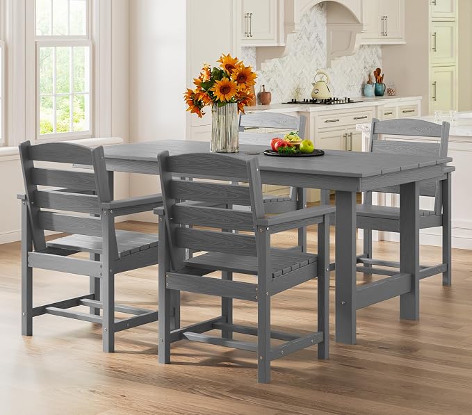 SERWALL Modern Patio Dining Set, 5-Piece Rectangular HDPE Dining Table with Umbrella Hole & 4 Chairs, Grey - Image 9