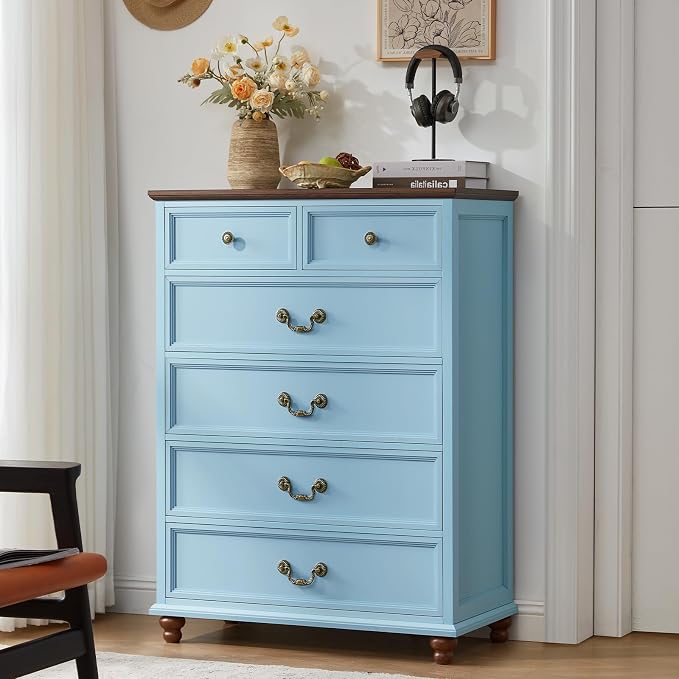 Joaxswe Farmhouse 6 Drawer Dresser for Bedroom, 42" Tall Rustic Chests of Drawers w/ 4 Solid Wood Feet, Mid Century Modern Wooden Closet Storage Dressers Organizer for Living Room, Hallway,Light Blue - Image 9