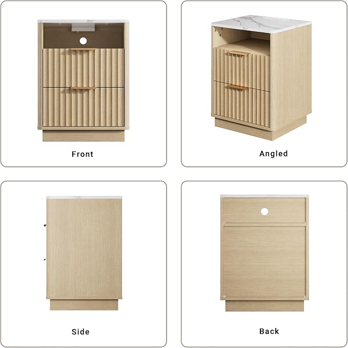 Fluted Nightstand, Night Stand Set 2, Nightstands Set of 2 with Charging Station and Faux Marble Top, 2 Drawers End Table w/Storage, Modern Bedside Table for Bedroom Living Room,Natural Oak - Image 8