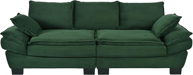 Merax 85.4" Modern Curved Corduroy Fabric Sofa, Back Upholstered Couch with 2 Decorative Throw Pillows for Living Room, Bedroom, Apartment, Dark Green