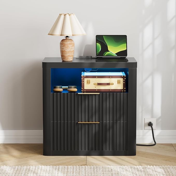YESHOMY Fluted Nightstand with Charging Station,24" Night Stand with 2 Drawers and Storage Shelf,RGB LED Lighting,Arc Edge Fluted Bedside Table for Bedroom,Black - Image 8