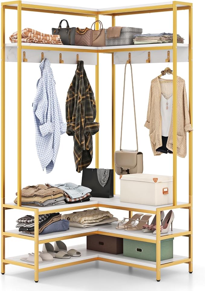 Tangkula Corner Hall Tree, 70 Inch Coat Rack with Bench and Shoe Storage, Entryway Furniture with 7 Hooks, Heavy Duty Metal Frame, Space Saving Clothes Rack Shoes Shelf Organizer (White) - Image 9