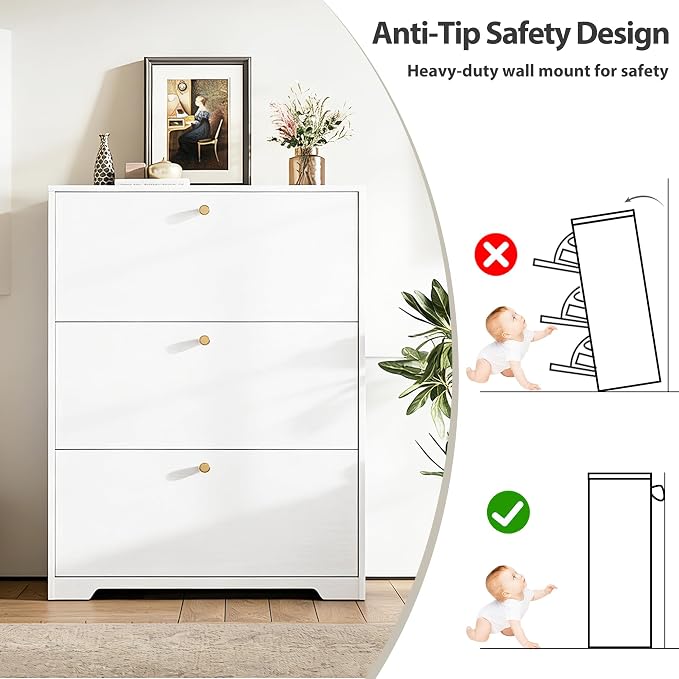 Nicetree Shoe Cabinet with 3 Flip Drawers, Narrow Shoe Organizer Cabinet, Freestanding Shoe Rack Cabinet, Morden Shoe Storage Cabinet for Entryway, Hallway, Foryer, White with Hook - Image 9