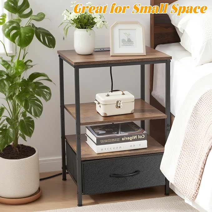 Night Stand with Charging Station, Bedside Table with Adjustable Fabric Drawers, End Table with LED Lights, Side Table with USB Ports Open Shelf for Bedroom, Black - Image 7