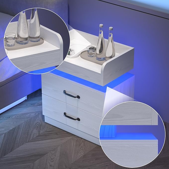 4ever2buy White Nightstand with Charging Station and LED Lights Modern Bedside Table with 2 Drawers End Table for Bedroom - Image 9