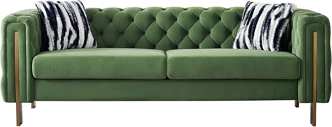 KEIKI 84" Chesterfield Velvet Tufted Button Sofa with Removable Cushions and 2 Toss Pillows, Modern 3-Seater Couch with 4 Gold Metal Leg, Easy Assembly, for Living Room, Bedroom, Apartment, Mint Green