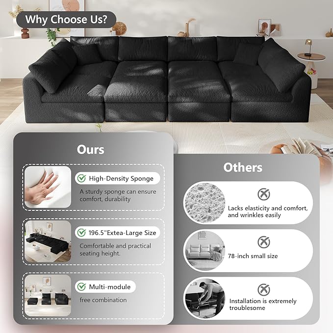 Modular Sectional Sofa Boneless Cloud Couch for Living Room, U Shape Deep Seat Recliner Sofa with Ottoman, Adjustable Backrest & 2 Throw Pillows - Covers Washable, (Black, 6 Seater+2 Ottoman)
