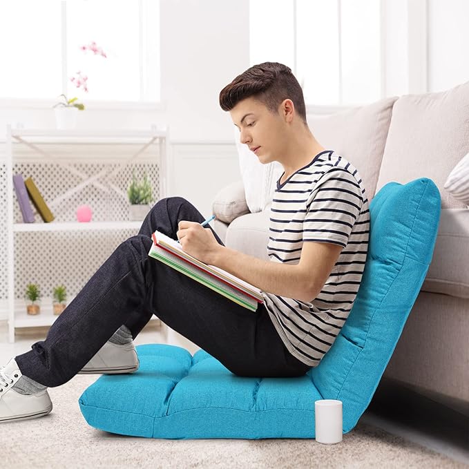 Giantex Adjustable Floor Gaming Sofa Chair 14-Position Cushioned Folding Lazy Recliner High Resilience Sponge, Breathable Cotton & Linen Fabric Sleeper Bed Couch Recliner with Removable Cover
