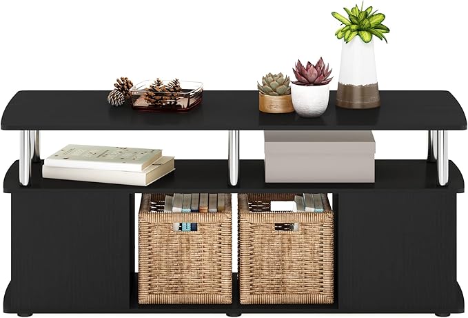 Furinno Jaya Coffee Table, Rectangle Modern Coffee Table with Open Shelf, Side Table with Side Storage, for Living Room, Bedroom, Home Office, Americano/Stainless Steel