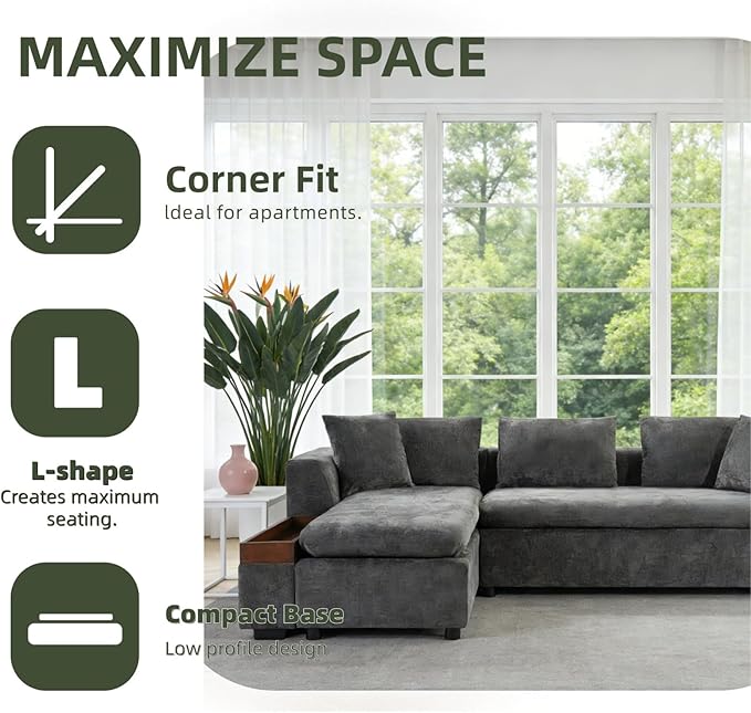 93.7" L-Shaped Sectional Sofa with Storage Chaise, Modern Couch for Living Room, Chenille Upholstered Couch with Deep Seats & Throw Pillows, Modern Corner Sofa for Living Room, Brown