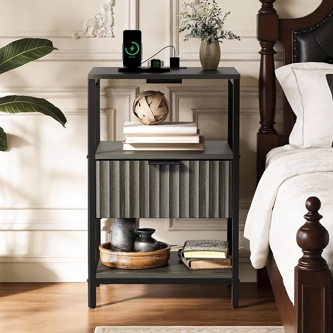 Bonnlo Fluted Nightstand with Charging Station, End Table with Fabric Drawer, Night Stand with Storage Shelf & Handle, Fluted Side Table for Bedroom/Living Room, Grey - Image 9