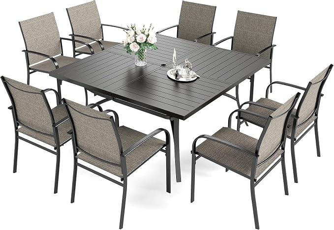 HERA'S HOUSE 9 Pieces Patio Dining Set, Outdoor Table and Chairs Set for 8, 8 x Brown Textilene Dining Chair and 60" Square Metal Dining Table, Outdoor Dining Sets for Lawn Garden Backyard Deck - Image 8