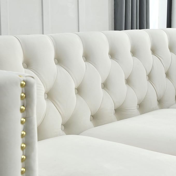 KEIKI Tufted Velvet 2 Seat Sofa Couch for Living Room, Buttons Tufted Square Arm Couch for Home Apartment, Beige