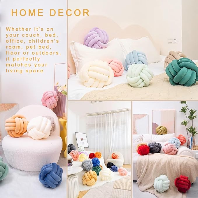 LUSJNGE Decorative Throw Knot Pillow Ball for Home Chair Sofa Aesthetic Round Velvet Knotted Pillow Cushion (Milky White, 8 inches)