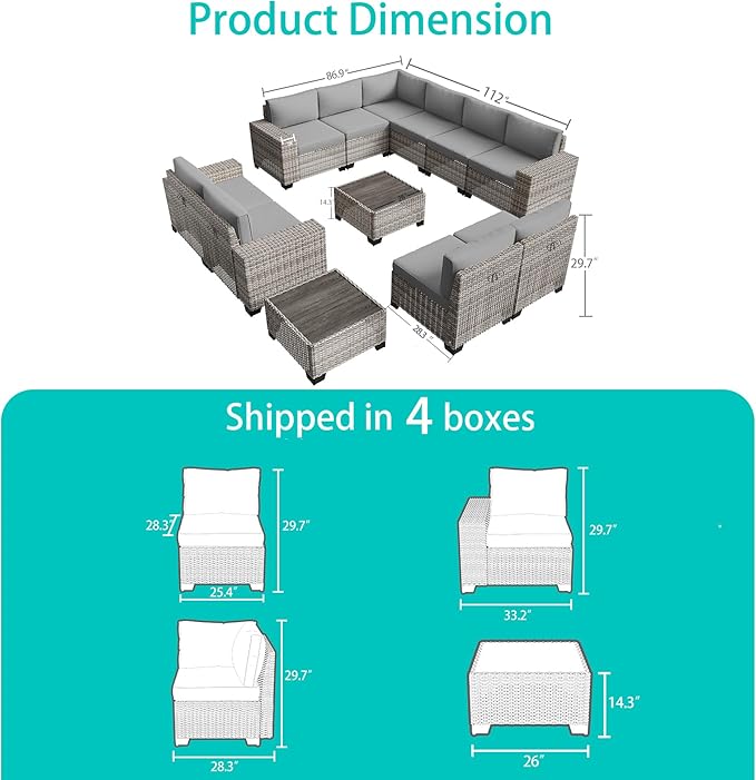 12-Piece Outdoor Patio Furniture Set Wicker Sectional Sofa Set, Patio Conversation Set with Thickened Cushions & Side Table for Patio, Garden, Backyard, Grey