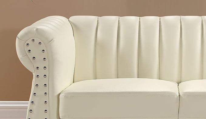 Chesterfield-Inspired 77" Faux Leather Sofa with Elegant Design, Gourd Legs, and Sustainable Pleather Upholstery, 3 Seater Couch for Living Rooms and Offices, Cream White