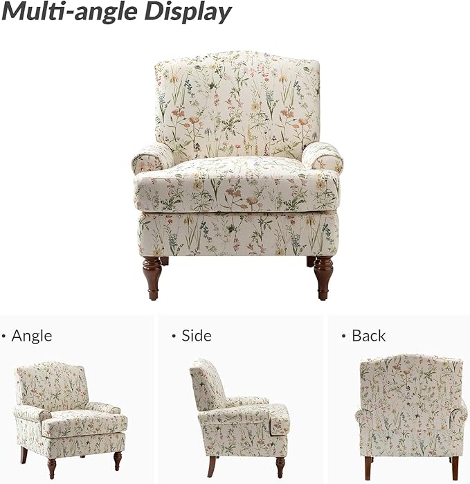 HULALA HOME Accent Chair with Solid Legs & Removable Cushion, Floral Comfy Upholstered Armchair, Leisure Single Sofa Chair for Living Room/Bedroom, Spring