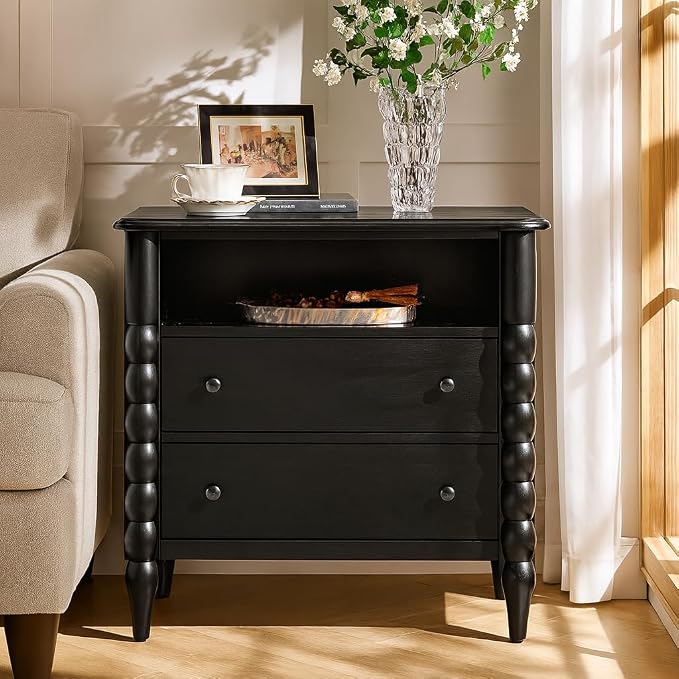 HULALA HOME Farmhouse Storage End Table with Spindle Columns, 2 Drawers and Open Shelf Side Table, Solid Wood Fluted Side Table with Charging Station, Black - Image 8