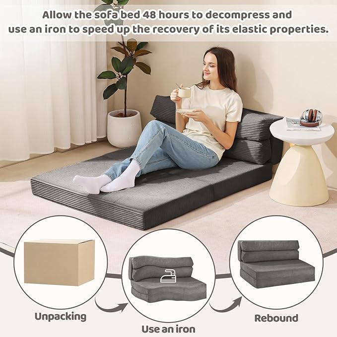 Folding Sofa Bed, Convertible Sleeper Chair with Pilow Foldable Matress, 2 in 1 Pull Out Loveseat Sofa Portable Fold Out Chair Bed Floor Couch Lounge for Living Room Bedroom (Grey, Full)