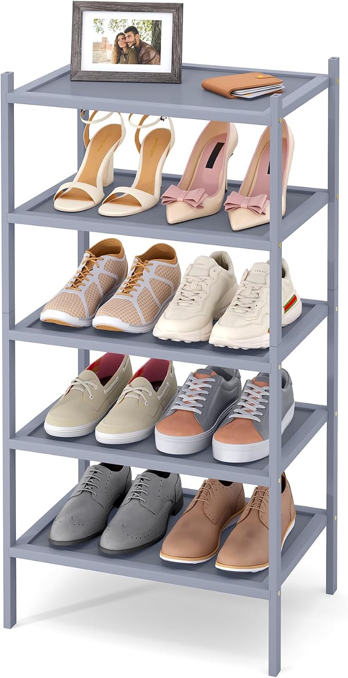 Smiry Bamboo Small Shoe Rack, 5 Tier Shoe Organizer for Entryway & Closet, Stackable Free Standing Storage Shelf for Shoes, Bags & Plants, Grey by Smiry