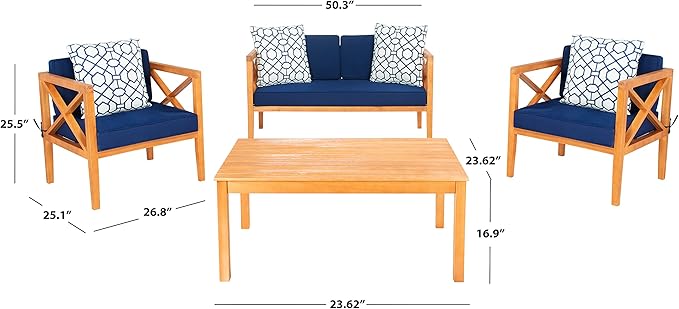 SAFAVIEH Outdoor Collection Montez Natural/Navy Blue Cushion 4-Piece Conversation Patio Set with Accent Pillows