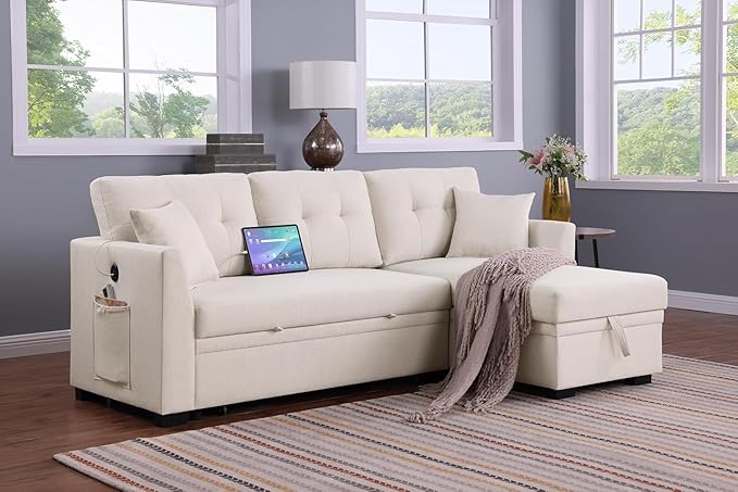 ERYE 81.5-inch Pull Out Sleeper Couch Bed, L-Shaped Reversible Sleeper Sectional Sofa Velvet Tufted Upholstered Corner Convertible Sofa Bed with Storage Chaise,USB Ports