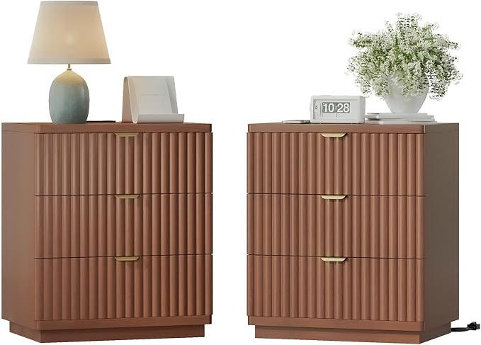 Nightstands Set of 2, Nightstand with Charging Station & 3 Drawers Storage Bedside Table Large Fluted Bed Side End Table, Modern Nightstand for Bedroom Living Room (Walmut) - Image 9