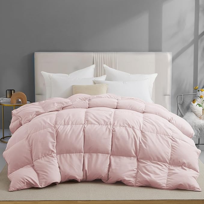 UNIKOME Goose Feather Down Fiber Comforter King Size, All Season Duvet Insert with Soft Downproof Cover, Cloud-Like Fluffiness Bed Comforters with Corner Tabs (King, Pink, 88"X104")