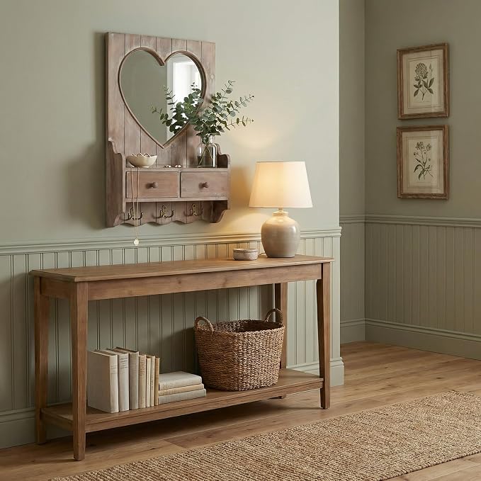 Rustic Farmhouse Wooden Entryway Mirror with Shelf and Hooks, 16"x24" Heart Shape Wood Frame Wall Mirror with Storage Drawer (Distress Brown) - Image 7