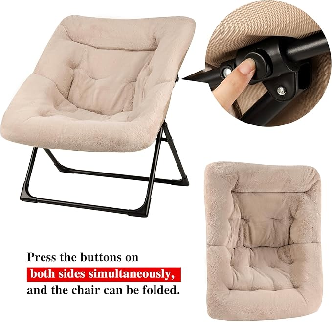 Comfy Saucer Chair for Adults, Soft Faux Fur Bedroom Chair with Ottoman, Accent Dorm Chairs, Living Room Reading Chairs and Footstool, Folding Seat for Teens, X-Large, Light Khaki