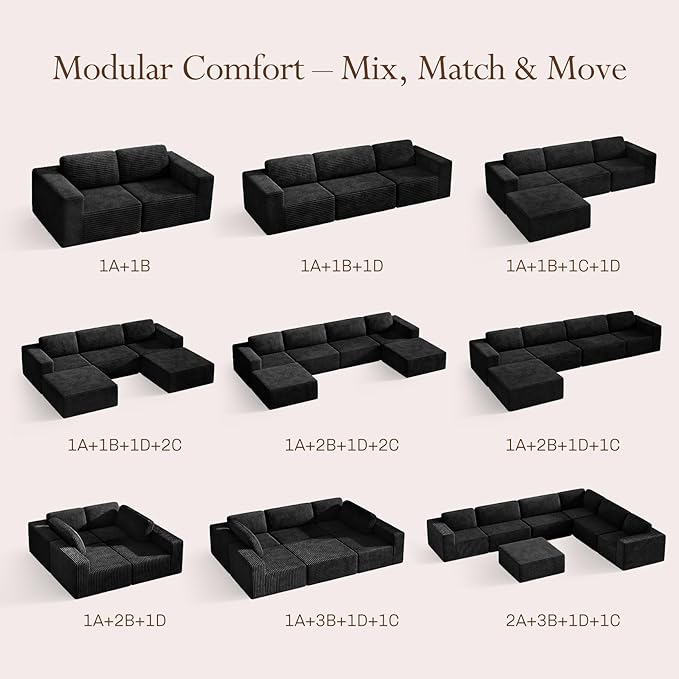 Vesgantti 119" L-Shaped Modular Sectional Sofa, Corduroy Cloud Couch with Deep Seating & Spring Support, Flexible Layout Sofa with Ottoman, Boneless Style, No Assembly Required, Black