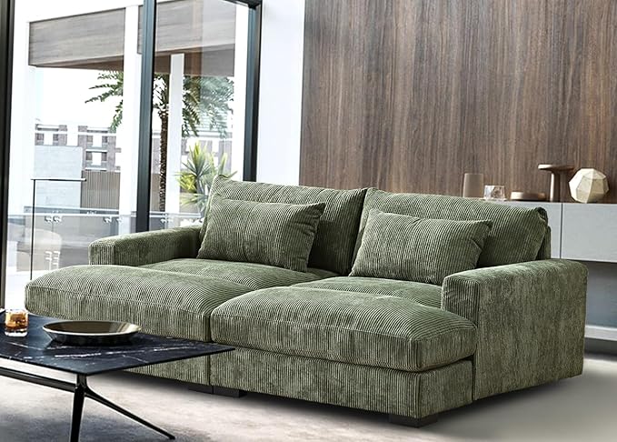 Luxe Sleeper Sofa with Soft Corduroy Upholstery, Double Chaise Design, Convertible to Twin Size Bed, Modern and Comfortable Living Room Couch, 89.9" Wide, Green