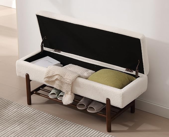 Shunzhi Modern Entryway Storage Bench, Upholstered Shoe Ottoman Bench, Flip-Top End of Bed Bench with Wood Shelf for Living Room/Bedroom/Hallway/Under Window,45Inches, Cream Faux Fur - Image 7