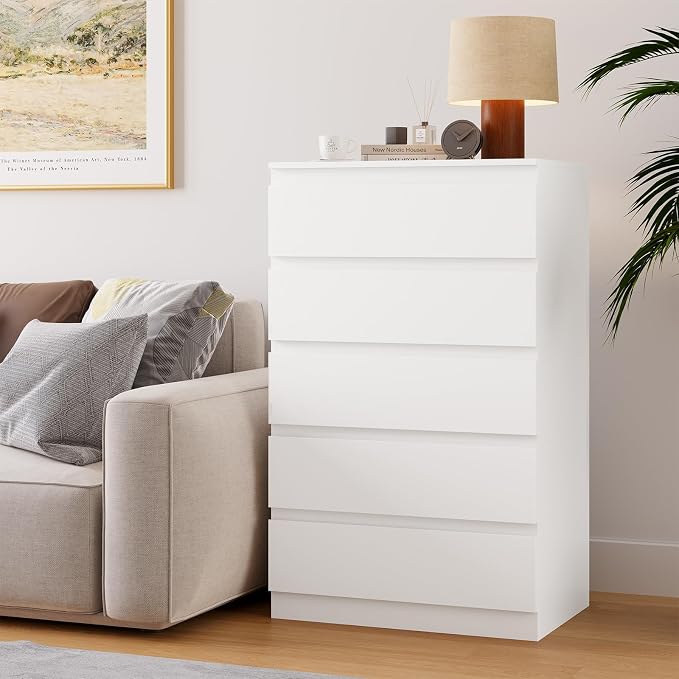 OtterOasis White Wood Dresser for Bedroom, 5 Drawer for Clothes Storage, Modern Dresser with Wide Drawers, Wide Wooden Chest Drawers for Living Room, Entryway, TV Stand - Image 9