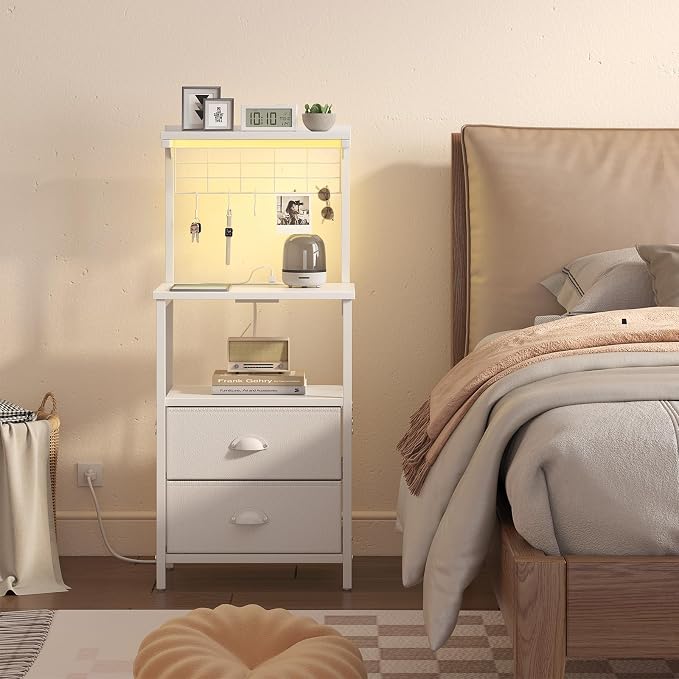 sthmec Tall Nightstands with Charging Station, LED Night Stand Bedsides with 2 PU Finish Fabric Drawers,Hooks,USB Port and Oepn Storage Shelves,Tall End Table Bedside for Bedroom,Office, White - Image 6